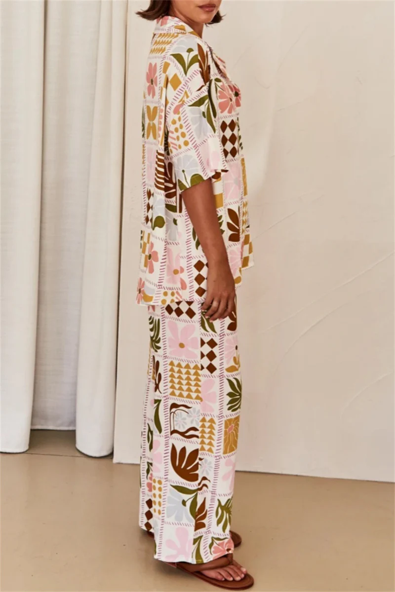 Casual Floral Print Basic Turndown Collar Short Sleeve Two Pieces - Panekey
