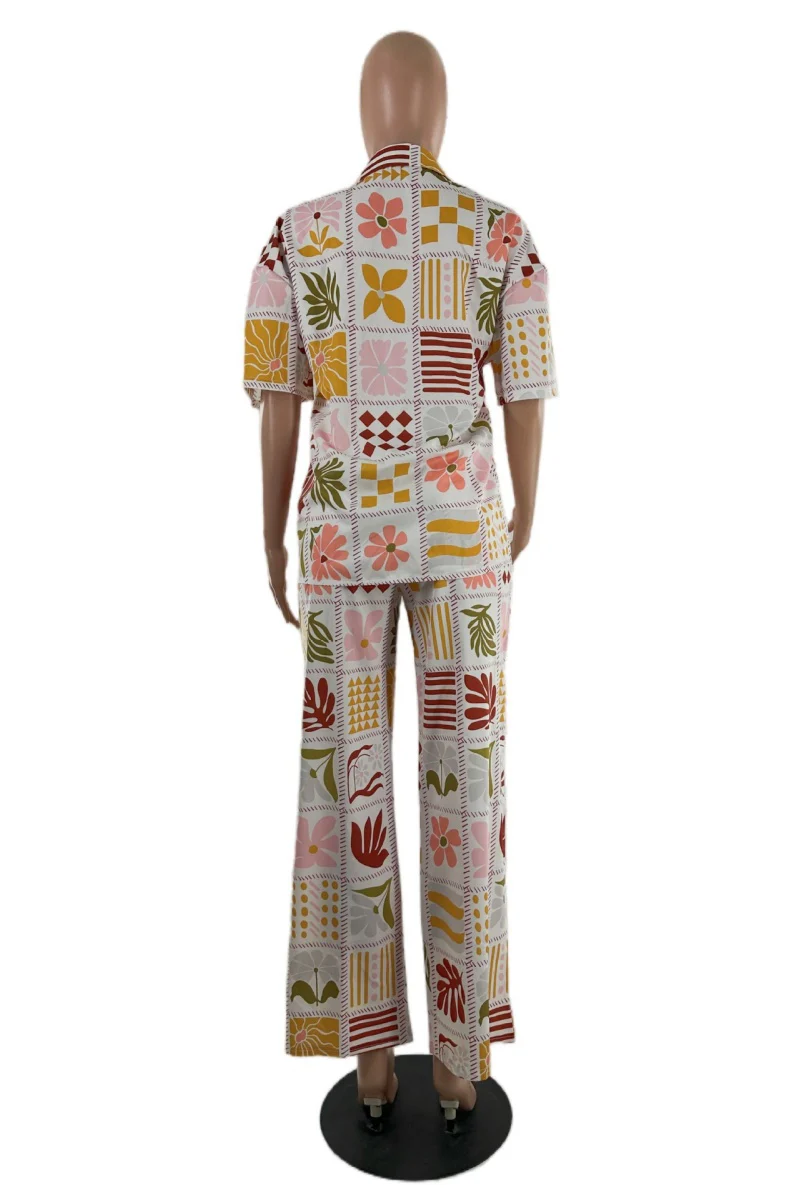 Casual Floral Print Basic Turndown Collar Short Sleeve Two Pieces - Panekey