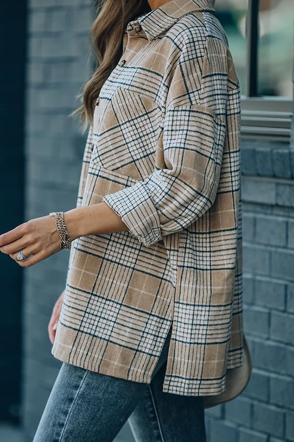 Casual Plaid Pocket Buckle Mandarin Collar Outerwear - Panekey