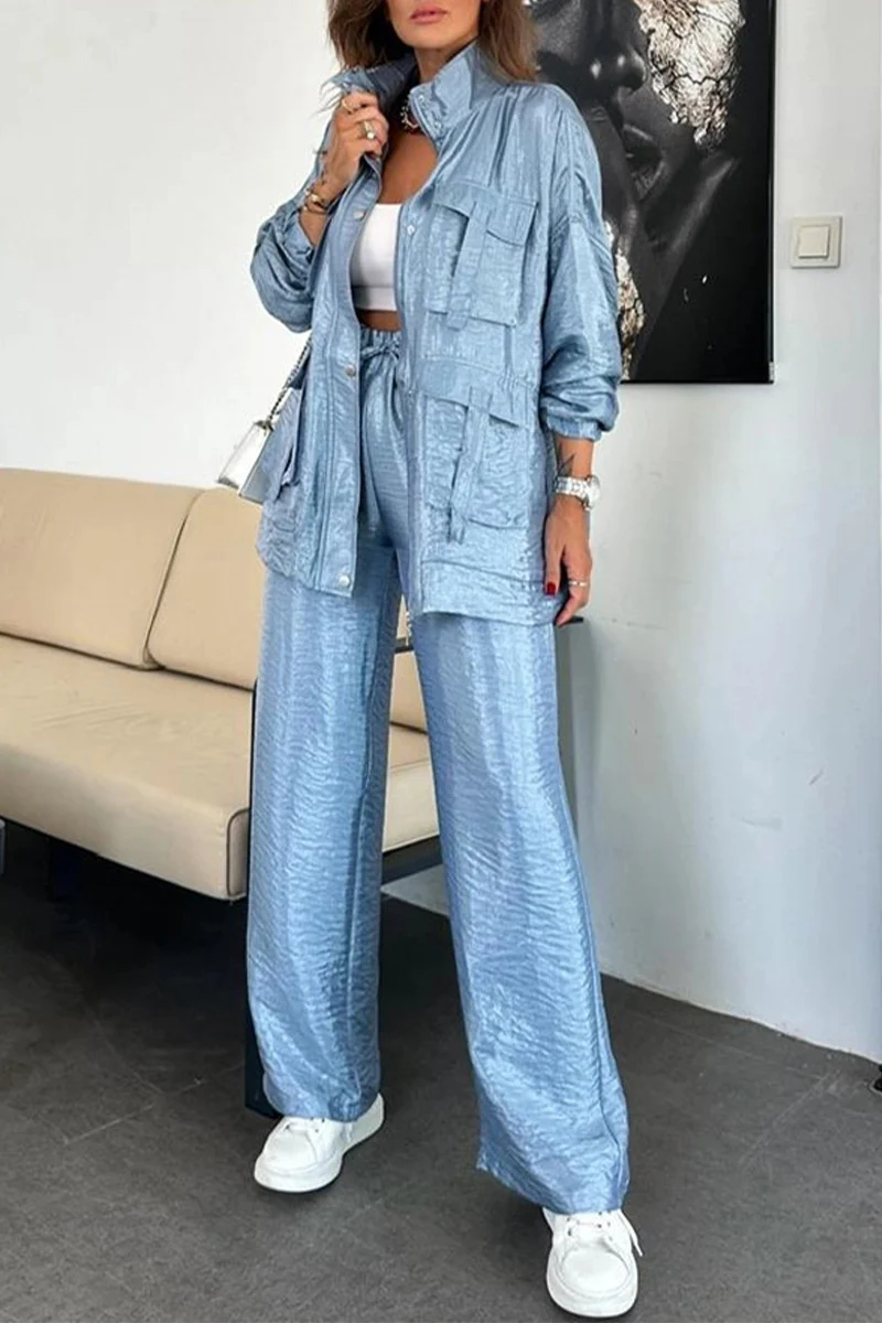 Casual Pocket Ruched Mandarin Collar Long Sleeve Two Pieces(6 Colors) - Panekey