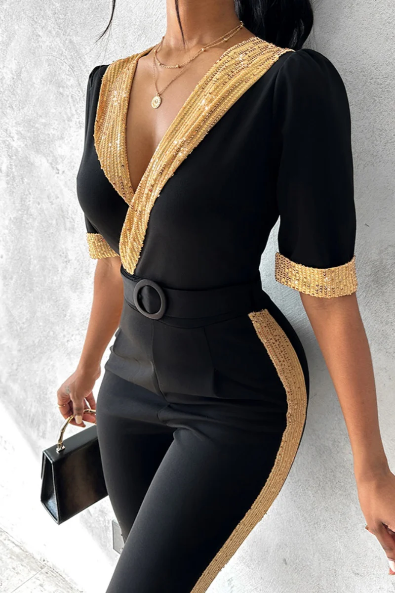 Casual Patchwork Sequins V Neck Skinny Jumpsuits - Panekey
