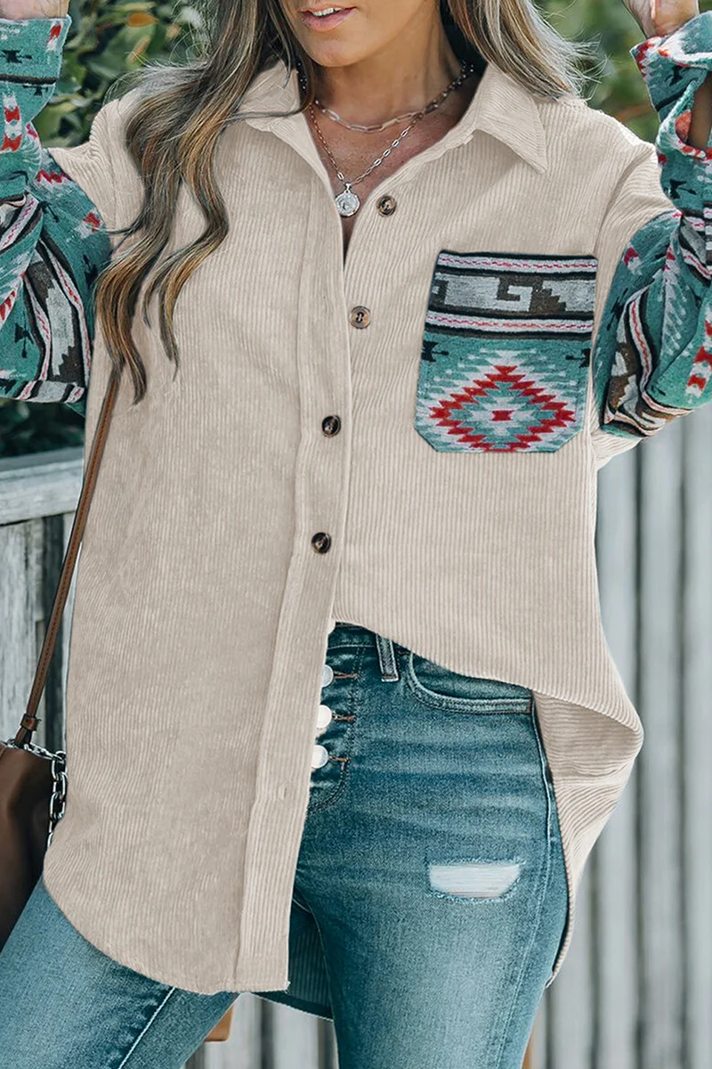 Casual Geometric Print Pocket Patchwork Contrast Turndown Collar Blouses - Panekey