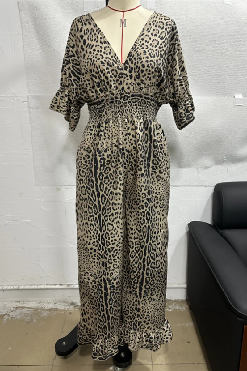 Casual Leopard Contrast V Neck Loose Jumpsuits(4 Colors) - Panekey