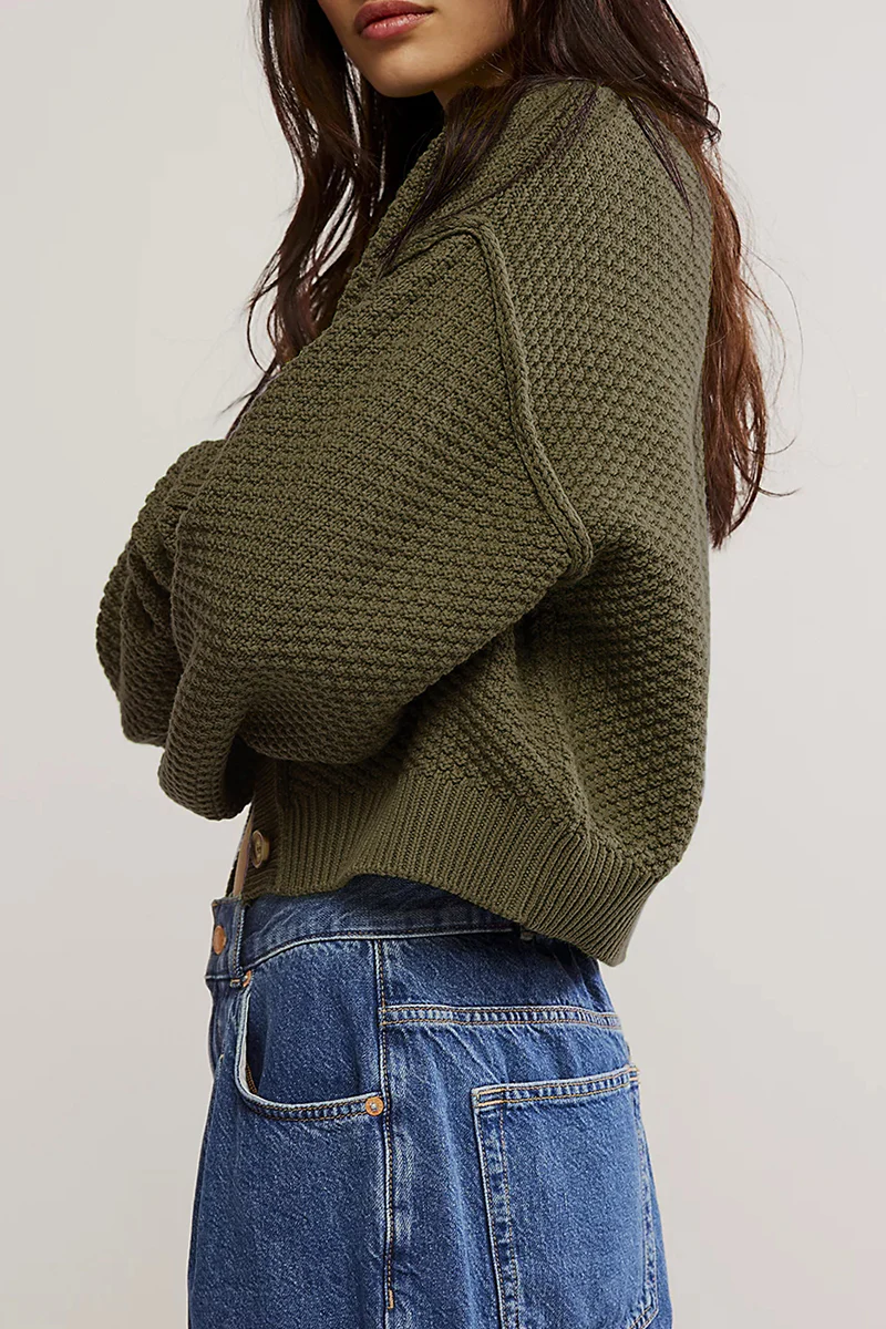 Casual Daily Solid Color Buttons Weave O Neck Outerwear(5 Colors) - Panekey