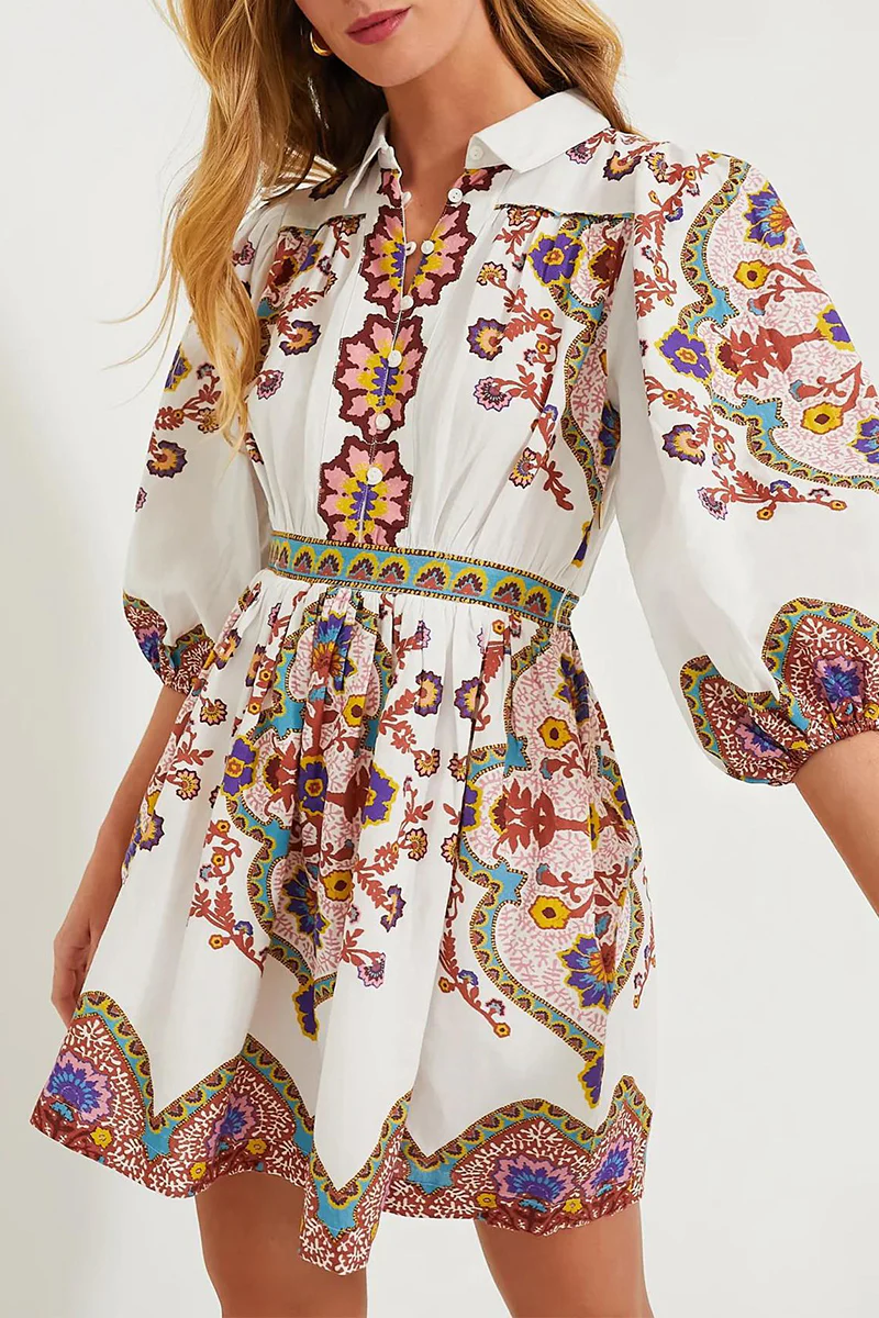 Casual Daily Floral Print Pocket Buttons Turndown Collar A Line Dresses - Panekey