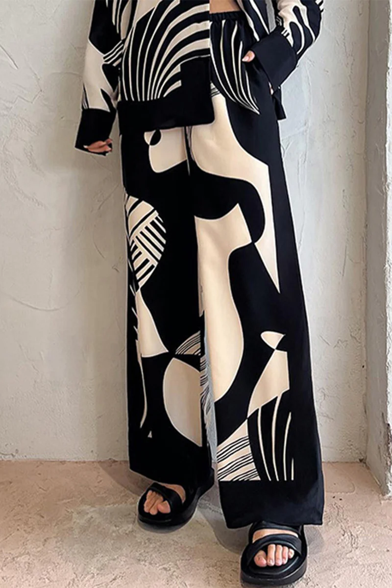 Casual Geometric Print Pocket Turndown Collar Two Pieces - Panekey