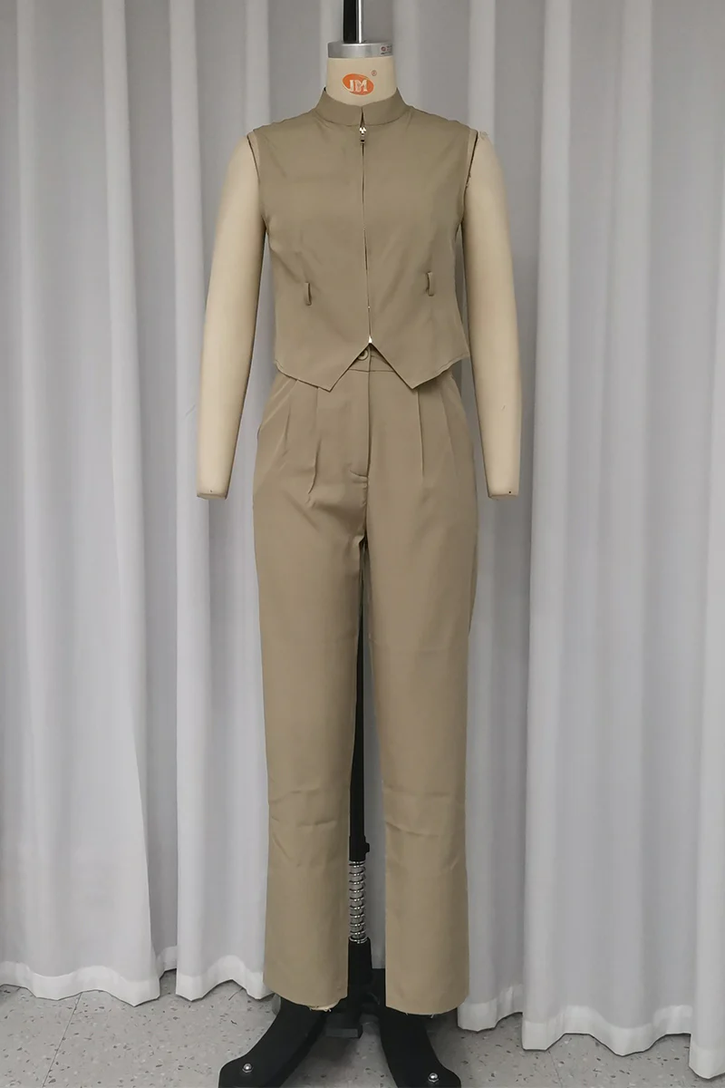 Casual Daily Solid Color Without Belt Zipper Mandarin Collar Sleeveless Two Pieces - Panekey