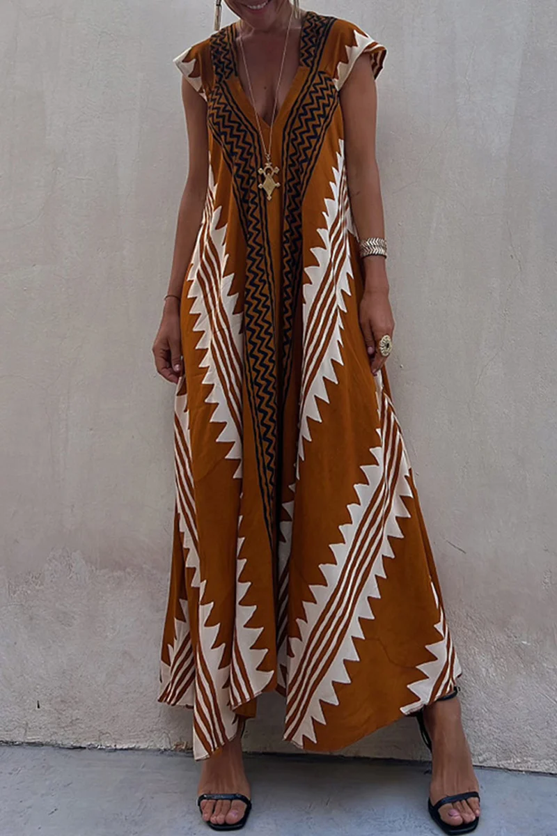 Casual College Geometric Print Fold V Neck A Line Dresses - Panekey