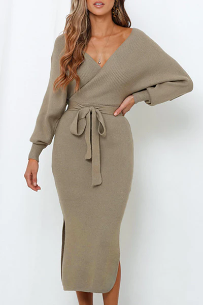 Casual Elegant Solid Backless Slit Strap Design V Neck Pencil Skirt Dresses - Panekey
