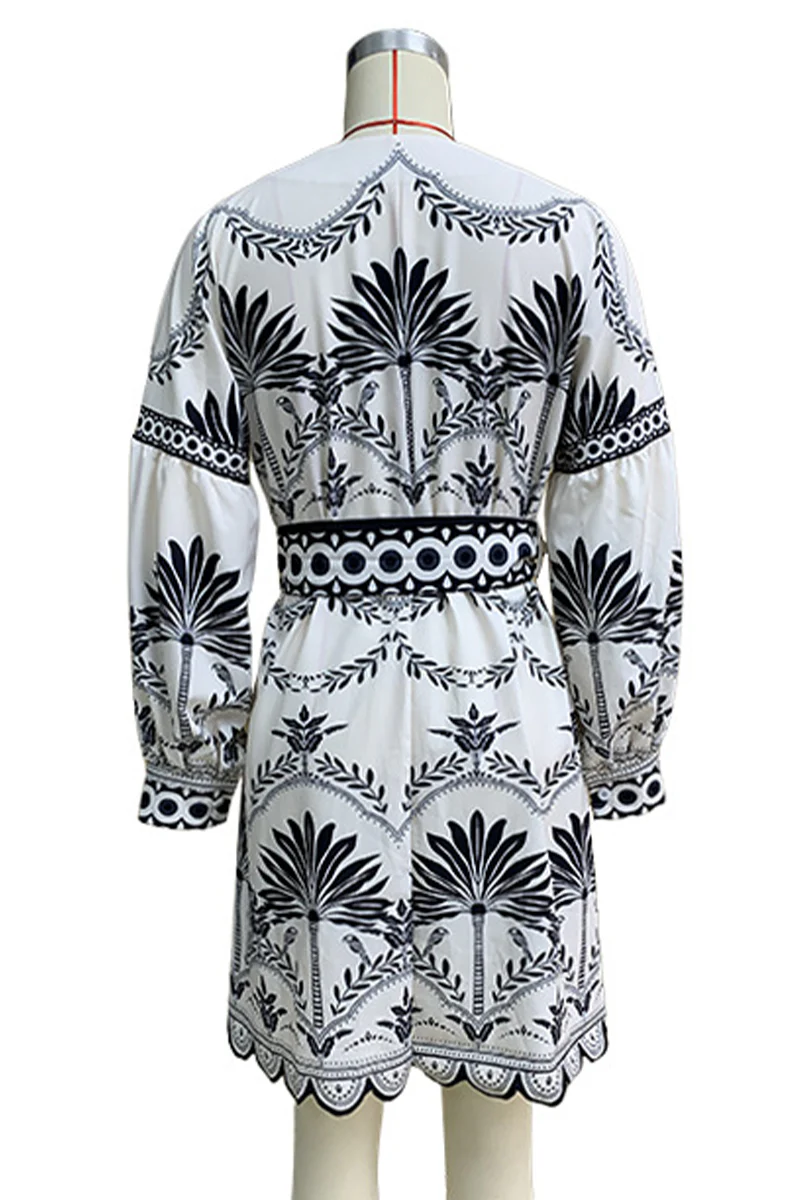 Casual Floral Print Patchwork With Belt V Neck A Line Dresses - Panekey