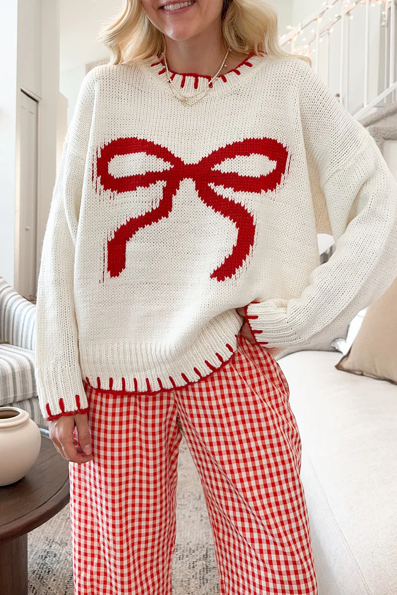 Casual Bow Weave Contrast O Neck Sweaters - Panekey