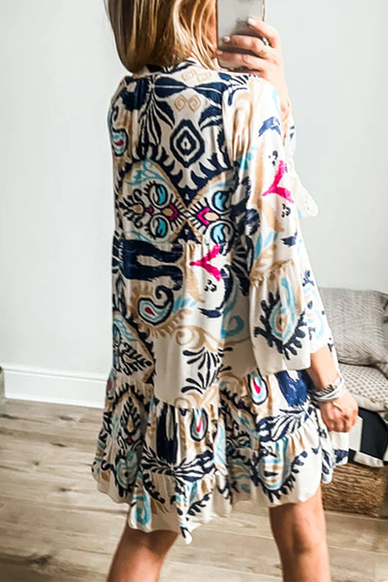 Casual Daily National Totem Print Patchwork Ruffle V Neck A Line Dresses - Panekey