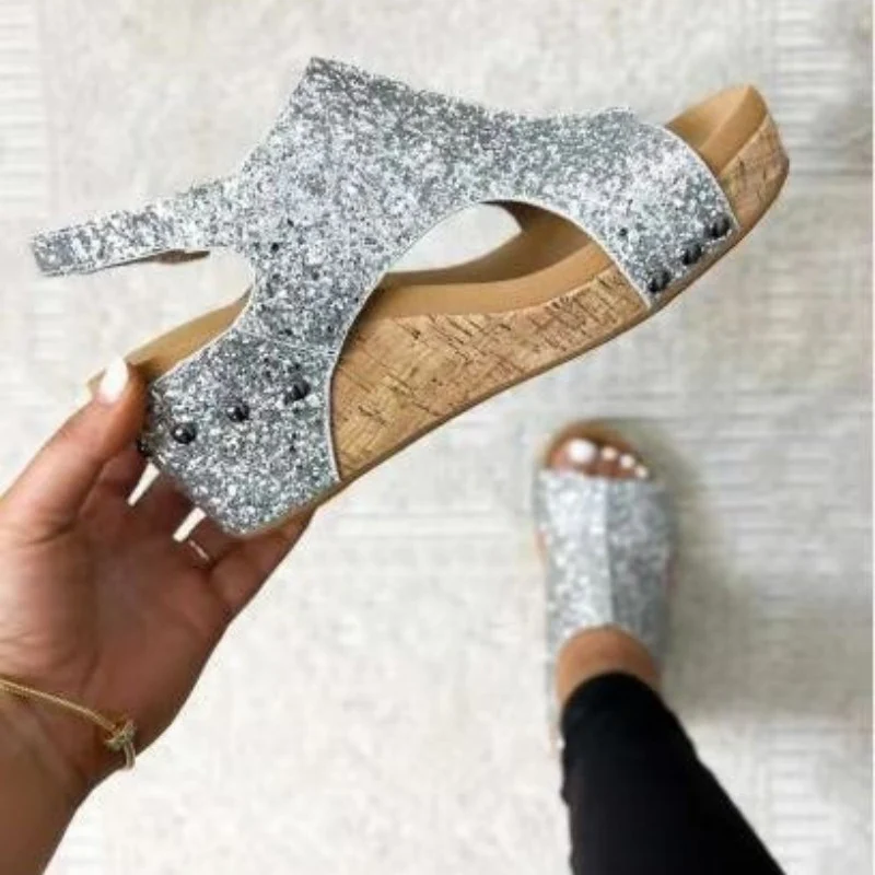 Casual Hollowed Out Sequins Patchwork Fish Mouth Out Door Wedges Shoes - Panekey