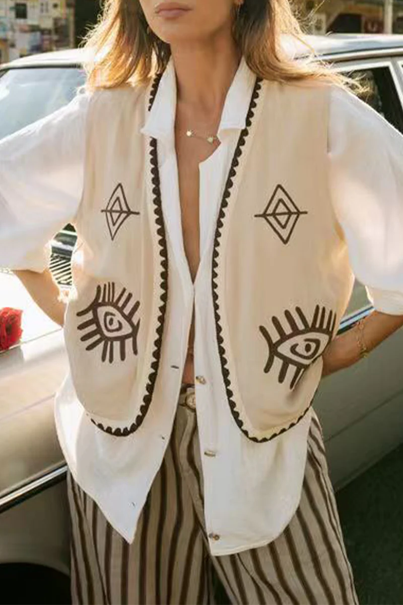 Casual Colorblock Patchwork Embroidery Cardigan Collar Waistcoats - Panekey