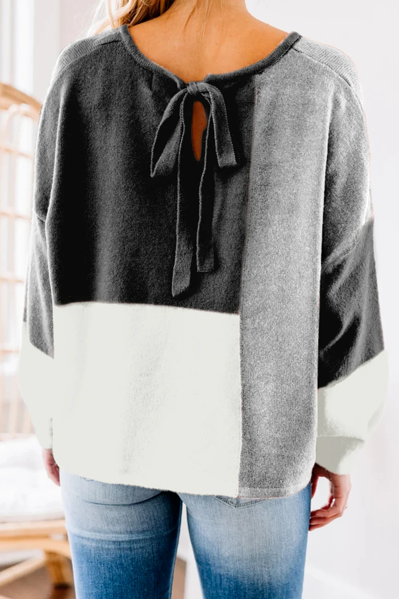 Casual Patchwork  Contrast O Neck Tops Sweater - Panekey