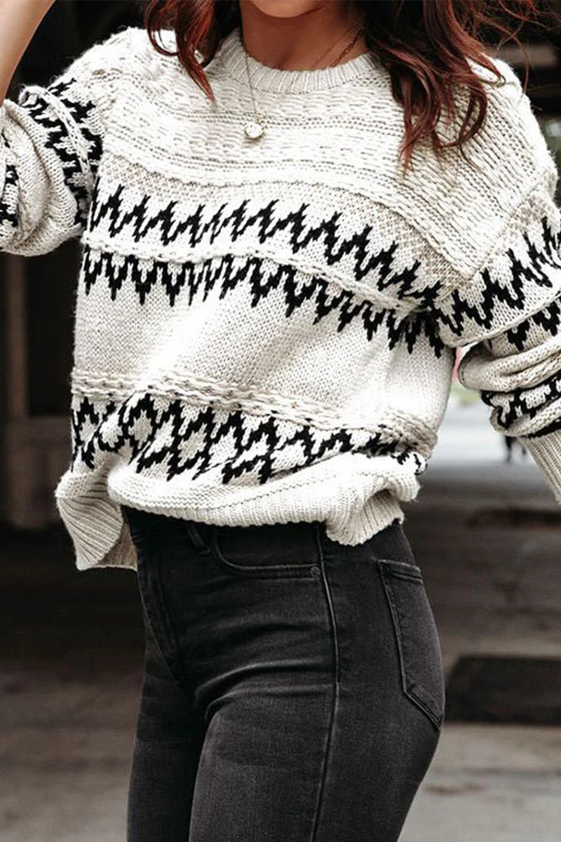 Casual Geometric Weave O Neck Tops - Panekey