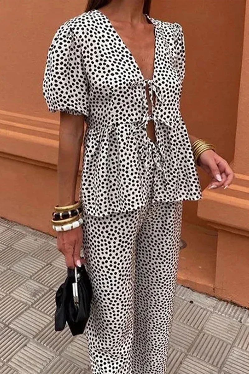 Casual Daily Lace Up V Neck Short Sleeve Two Pieces(3 Colors) - Panekey