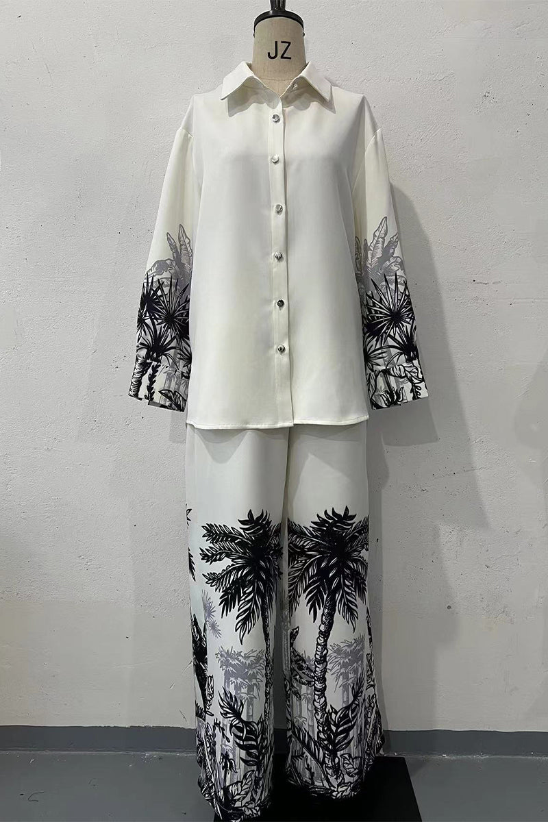 Casual Landscape printing Buttons Turndown Collar Long Sleeve Two Pieces - Panekey