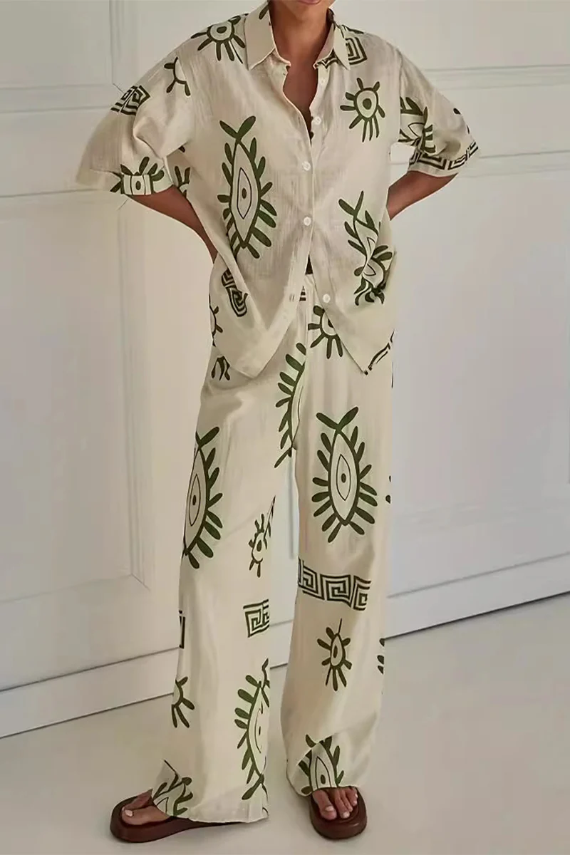 Casual Geometric Print Buttons Turndown Collar Short Sleeve Two Pieces - Panekey