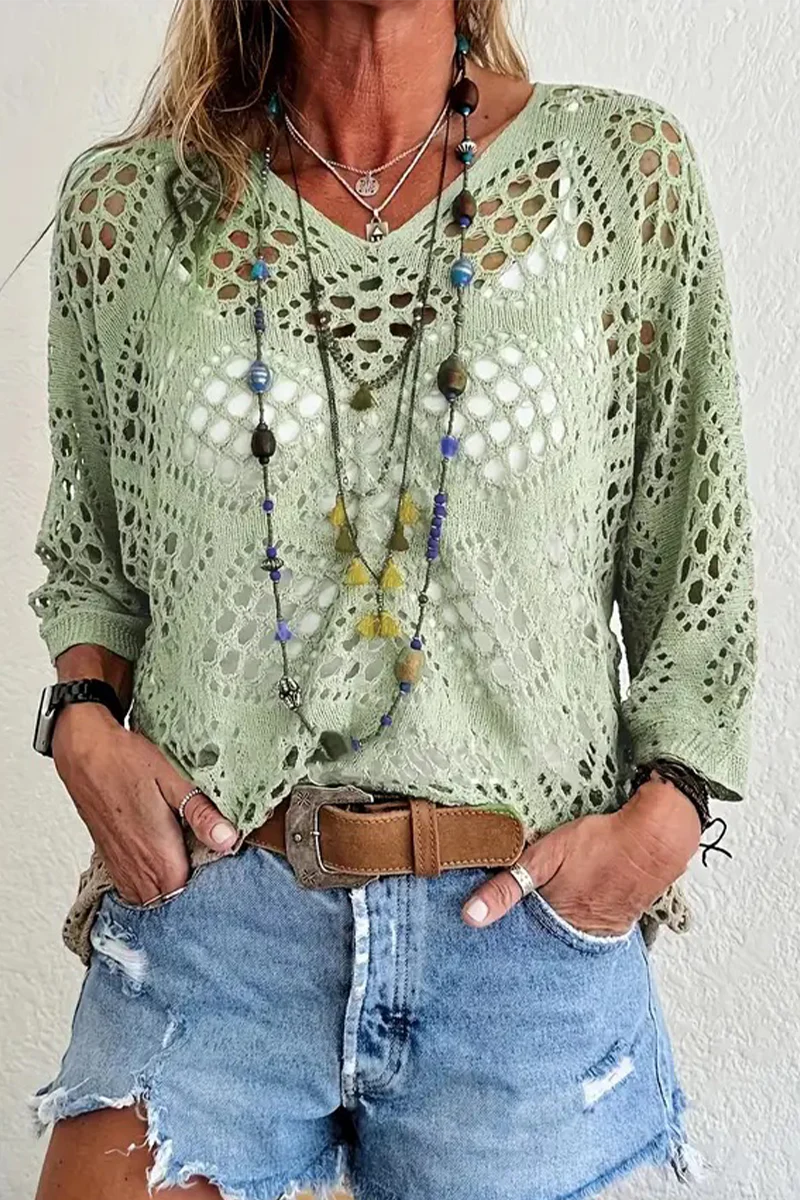 Casual Daily Solid Color Hollow Out V Neck Sweaters(5 Colors) - Panekey