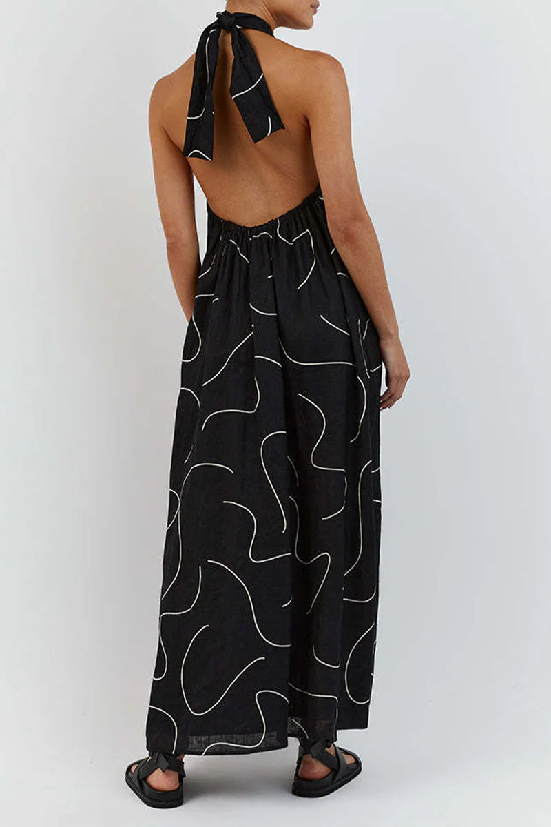 Casual Geometric Print Frenulum Halter Sleeveless Dress Dresses - Panekey