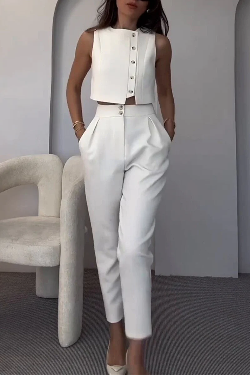 Casual Pocket Buttons O Neck Sleeveless Two Pieces - Panekey