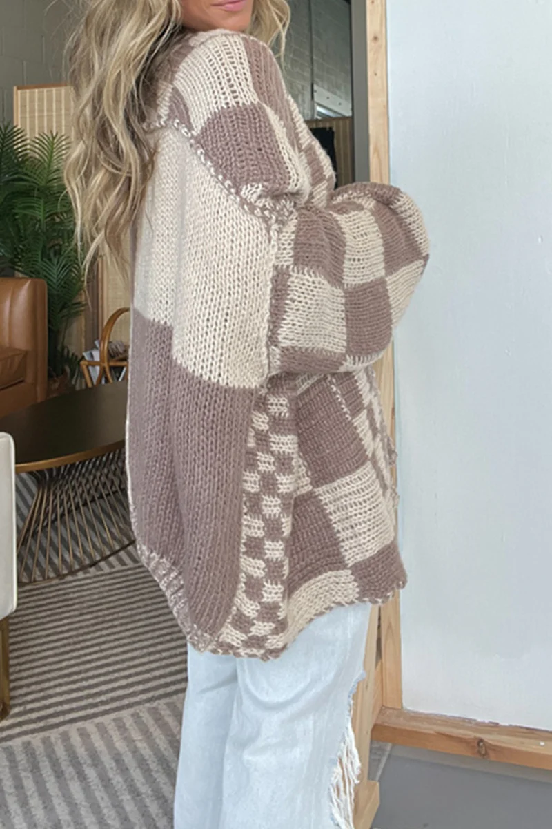 Casual Plaid Weave Contrast V Neck Outerwear(3 Colors) - Panekey