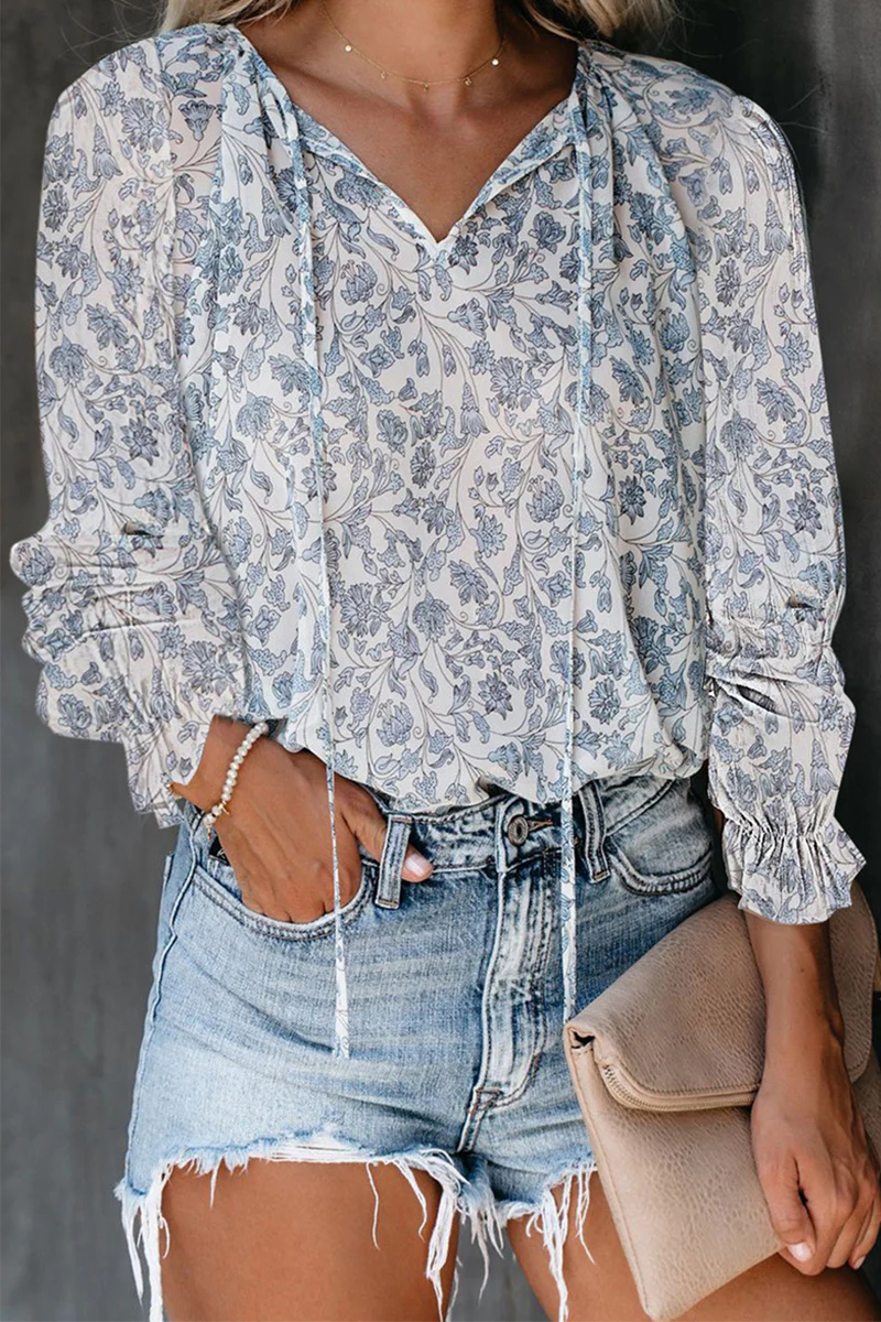 Casual Elegant Print Patchwork Frenulum V Neck Tops(7 Colors) - Panekey