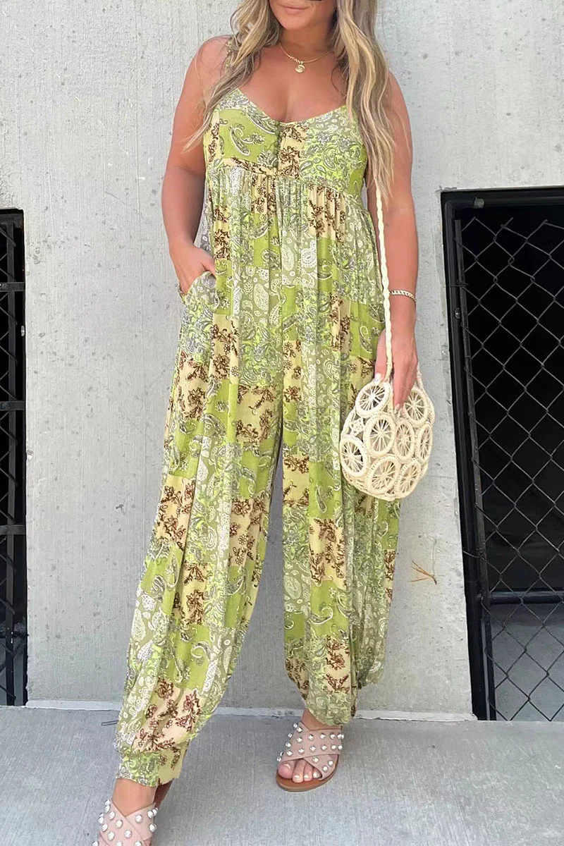 Casual Floral Pocket V Neck Loose Jumpsuits - Panekey