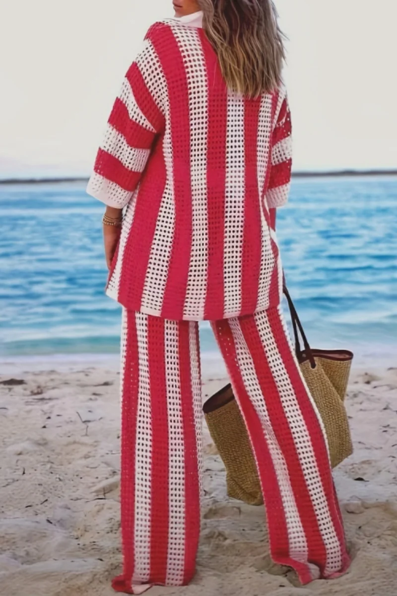 Casual Patchwork Hollowed Out Contrast V Neck Long Sleeve Two Pieces - Panekey