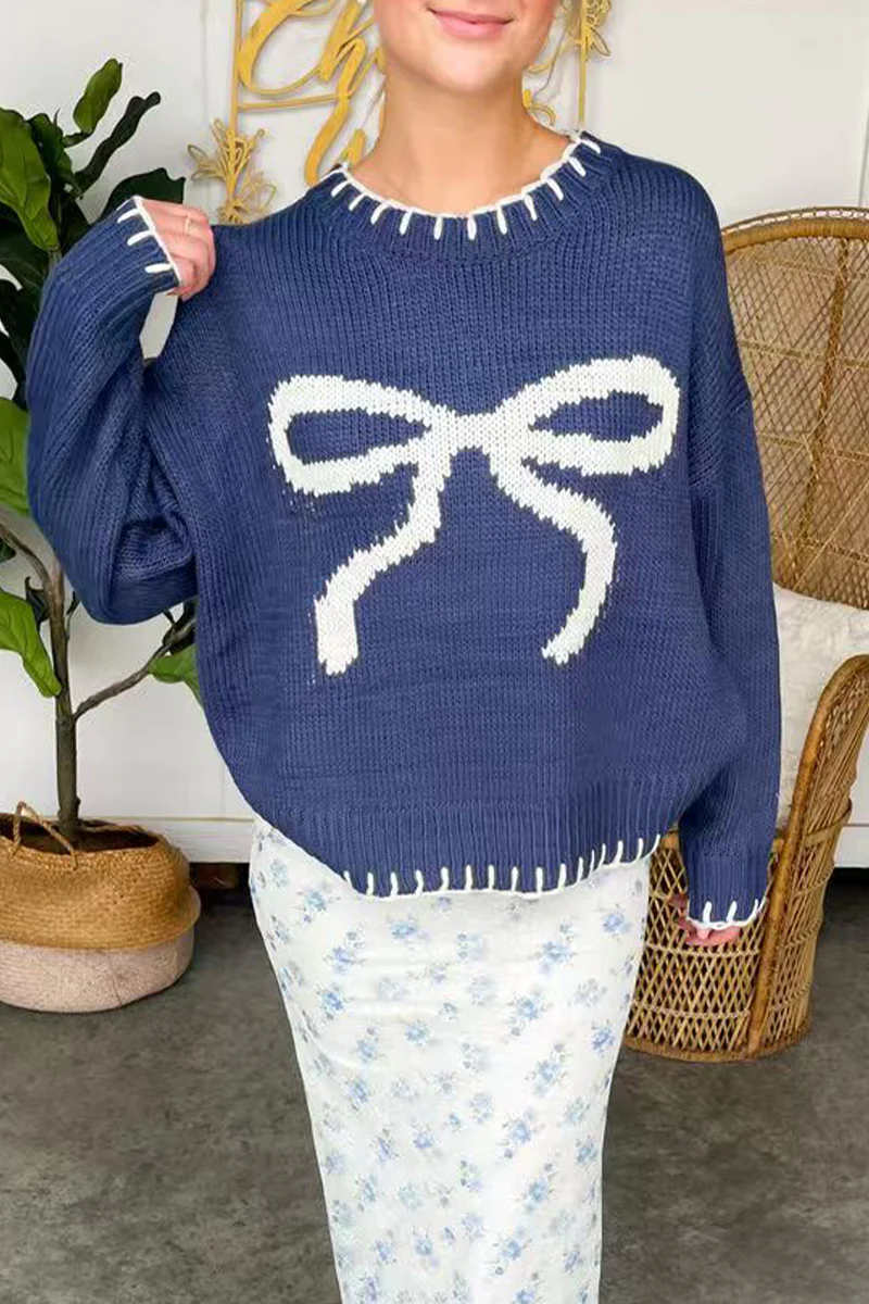 Casual Bow Weave Contrast O Neck Sweaters - Panekey