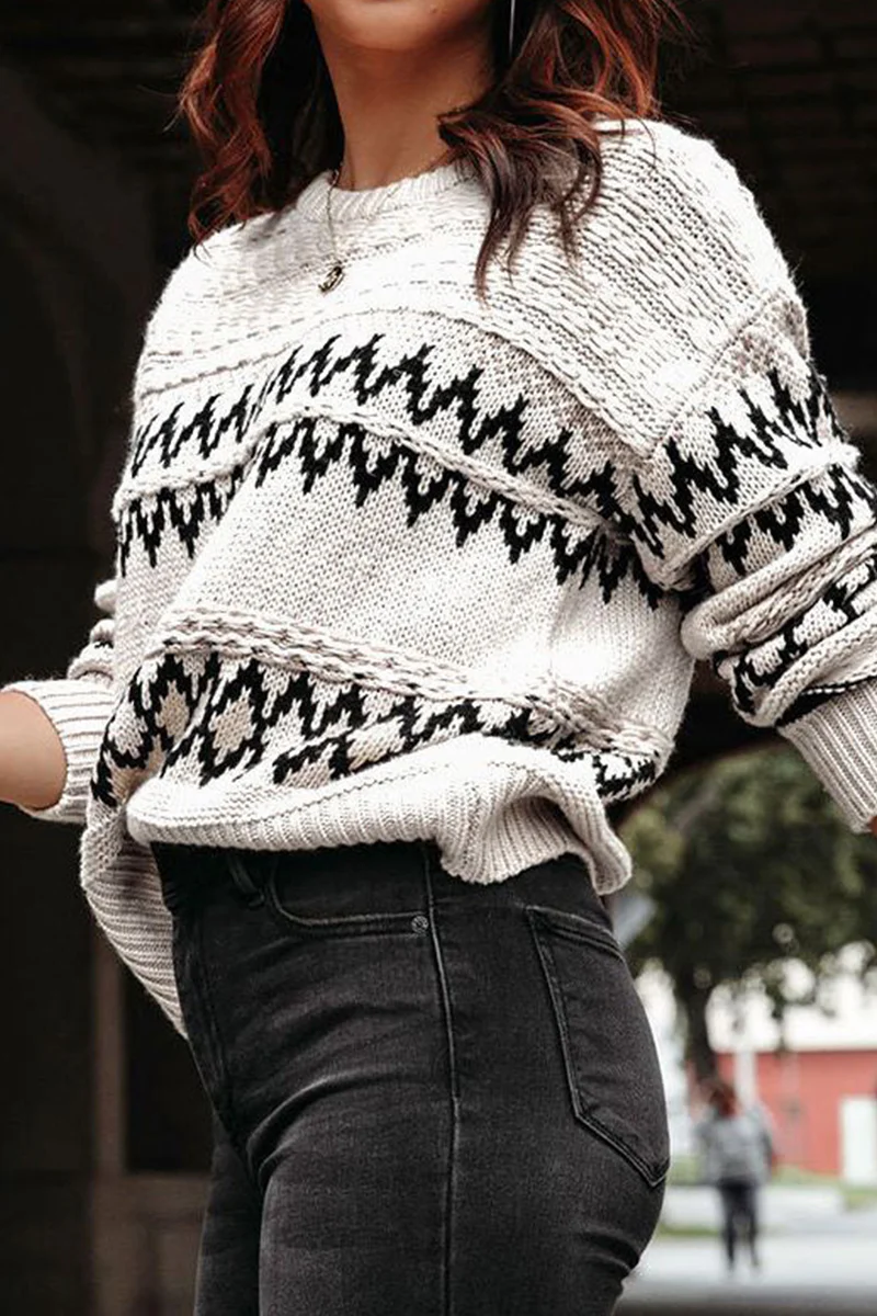 Casual Geometric Weave O Neck Tops - Panekey