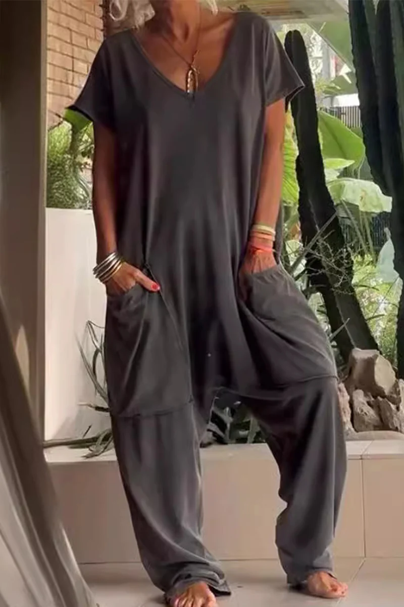 Casual Daily Solid Color Pocket V Neck Loose Jumpsuits(8 Colors) - Panekey