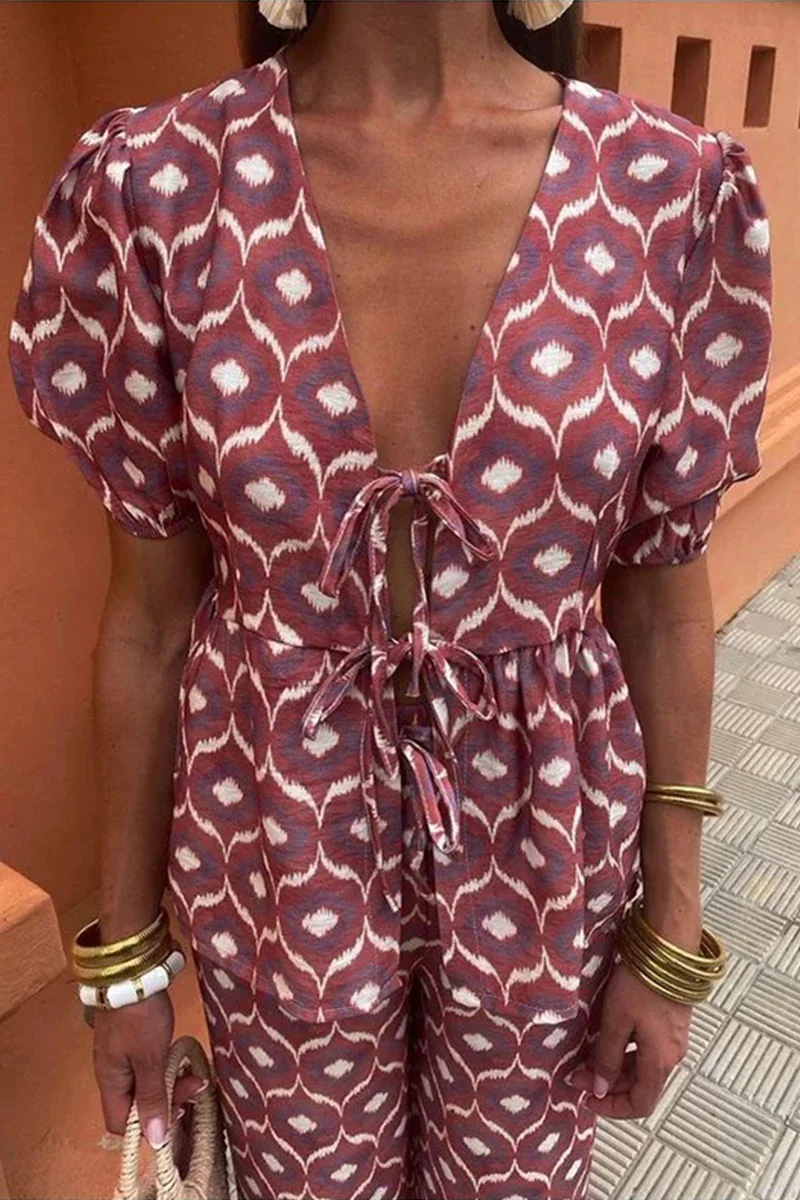 Casual Daily Lace Up V Neck Short Sleeve Two Pieces(3 Colors) - Panekey