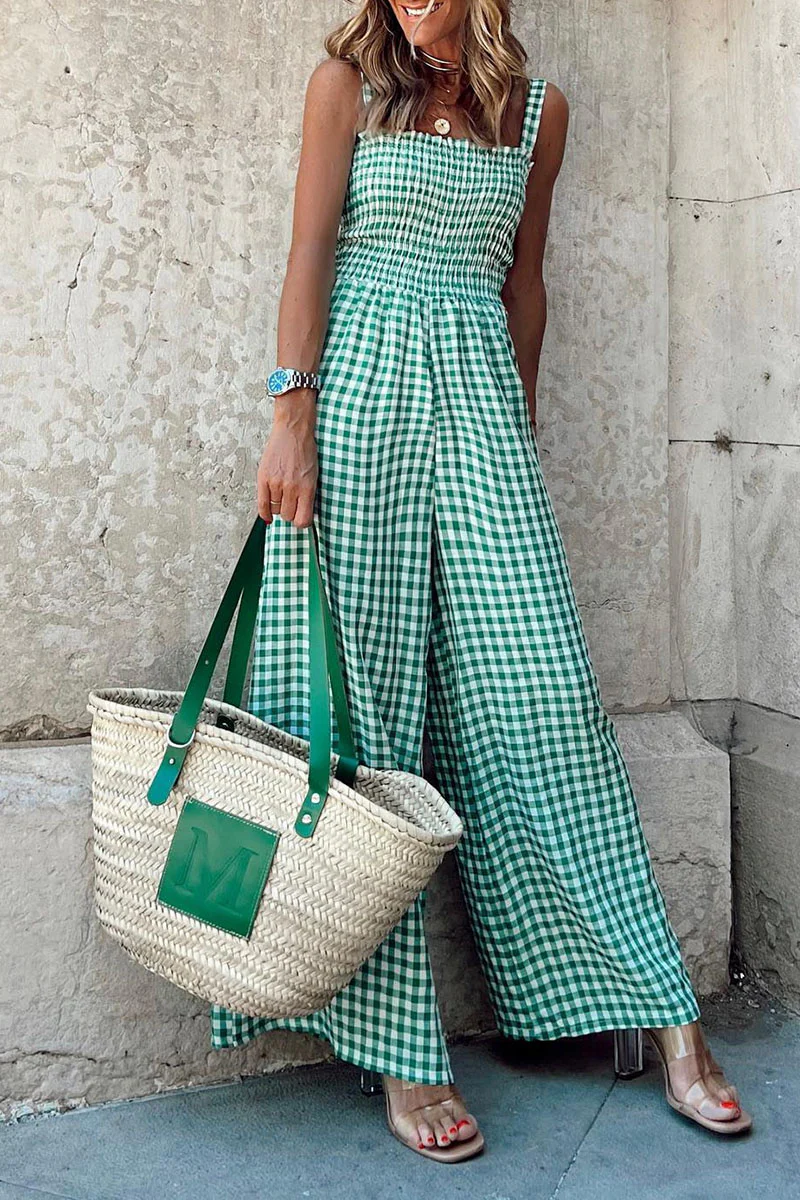 Casual Plaid Print Patchwork Spaghetti Strap Straight Jumpsuits(4 Colors) - Panekey