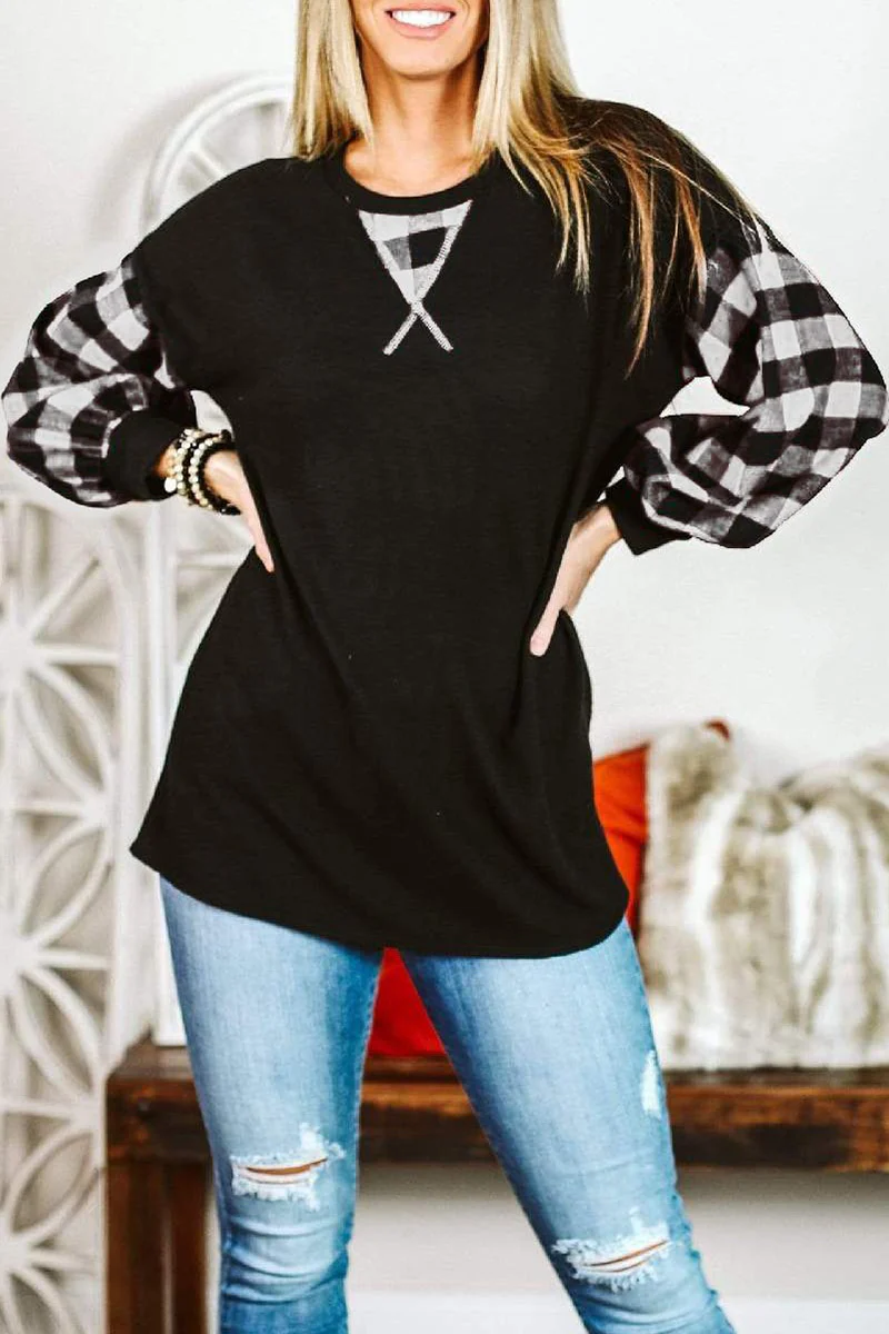 Casual Plaid Split Joint O Neck Tops - Panekey