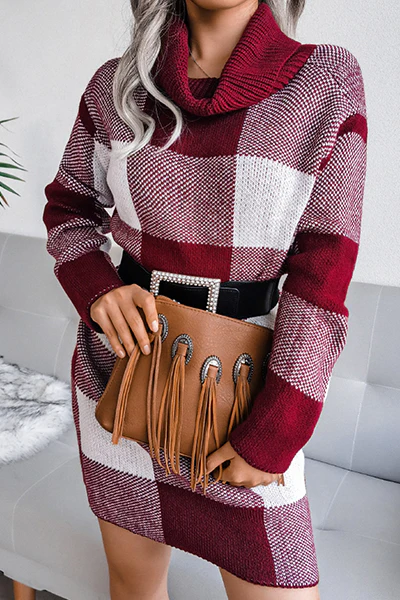 Casual Plaid Split Joint  Contrast Turtleneck Pencil Skirt Dresses Sweater (Without Belt) - Panekey
