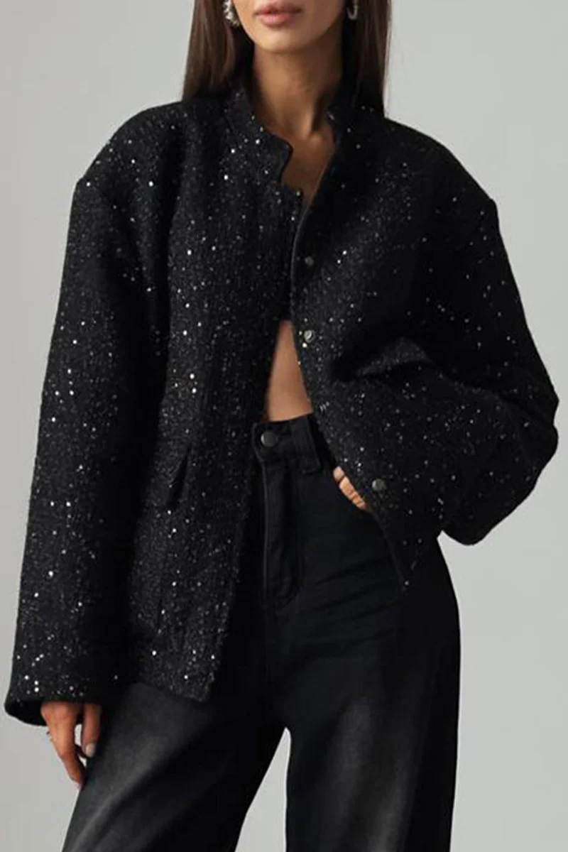 Casual Daily Solid Color Sequins Patchwork Mandarin Collar Outerwear - Panekey