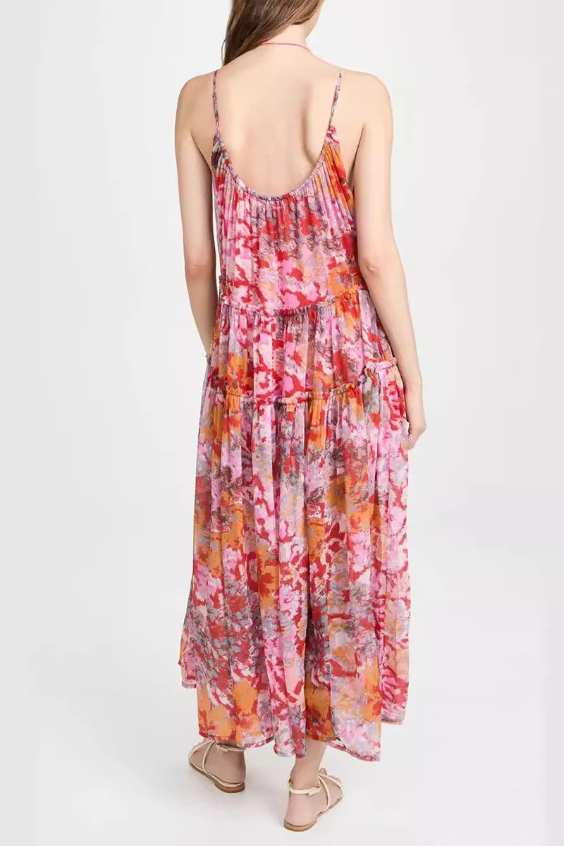 Casual Floral Fold V Neck Sleeveless Dresses - Panekey