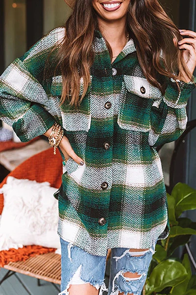 Casual Plaid Pocket Buckle Turndown Collar Outerwear(3 Colors) - Panekey