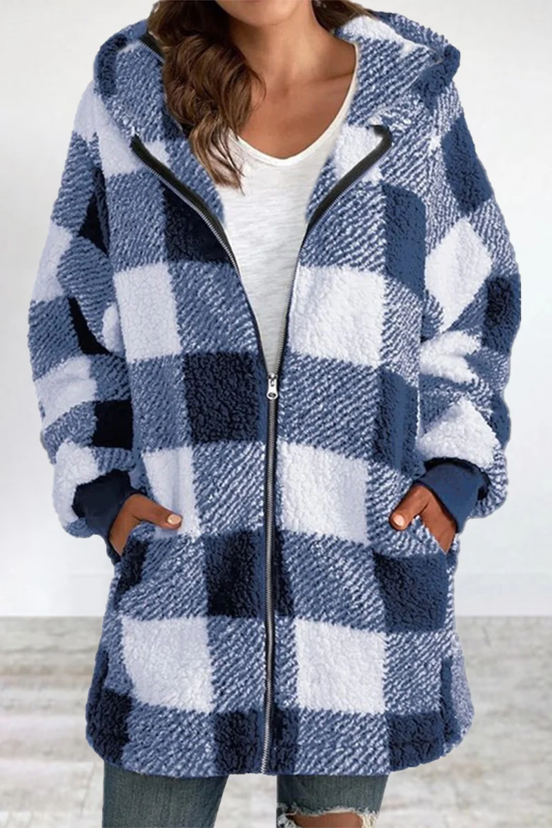 Casual Plaid Frenulum Contrast Zipper Hooded Collar Outerwear - Panekey
