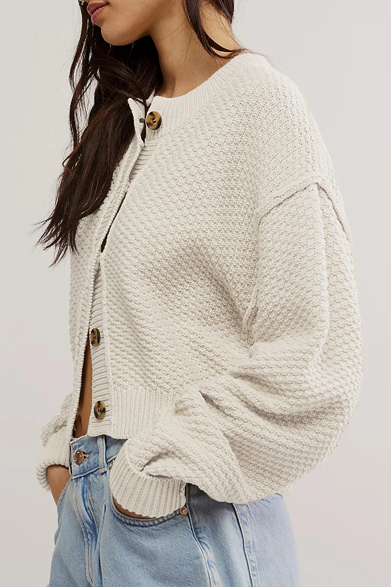 Casual Daily Solid Color Buttons Weave O Neck Outerwear(5 Colors) - Panekey