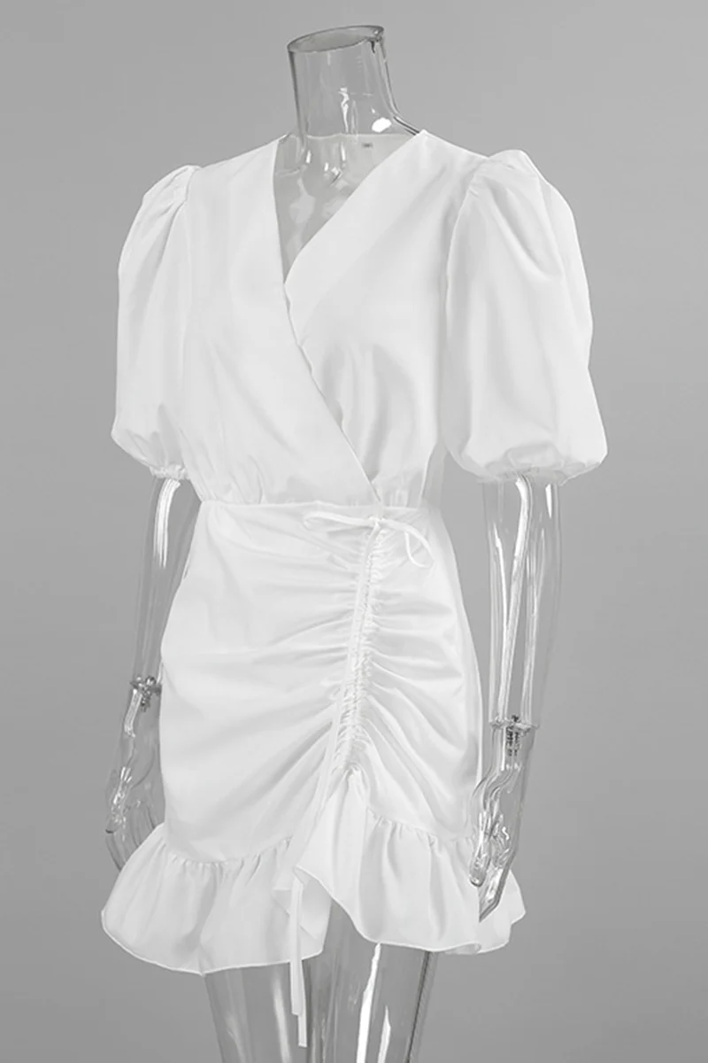 Casual Daily Solid Color Draw String Ruffle Ruched V Neck A Line Dresses - Panekey