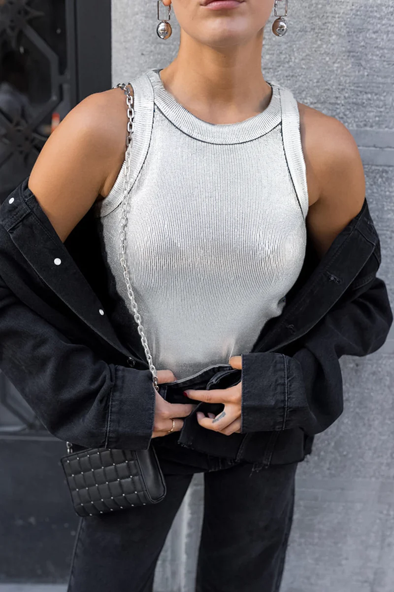 Casual Daily Patchwork Ruched Reflective O Neck Tops - Panekey