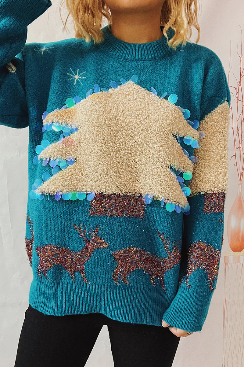 Casual Christmas Tree Sequins Patch O Neck Sweaters - Panekey