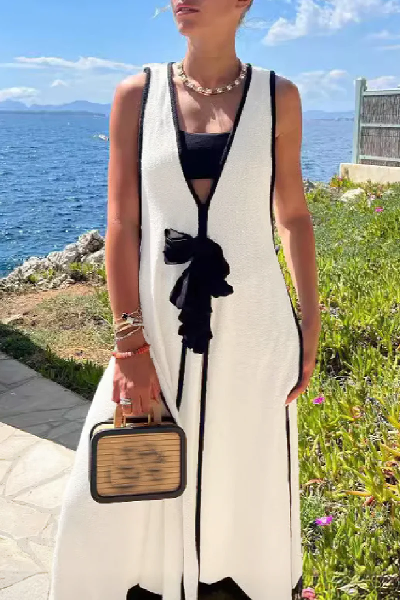 Casual Patchwork Belted V Neck Long Dresses - Panekey