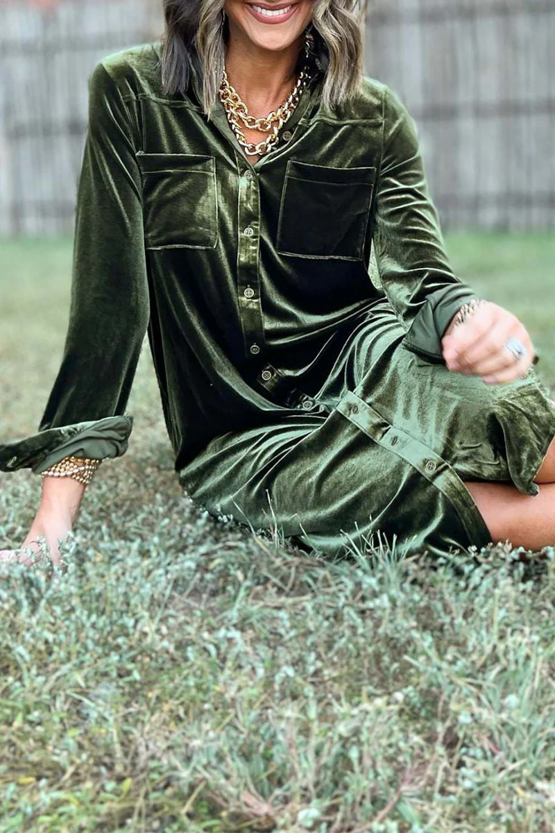 Casual Pocket Buckle Turndown Collar Shirt Dresses(3 Colors) - Panekey