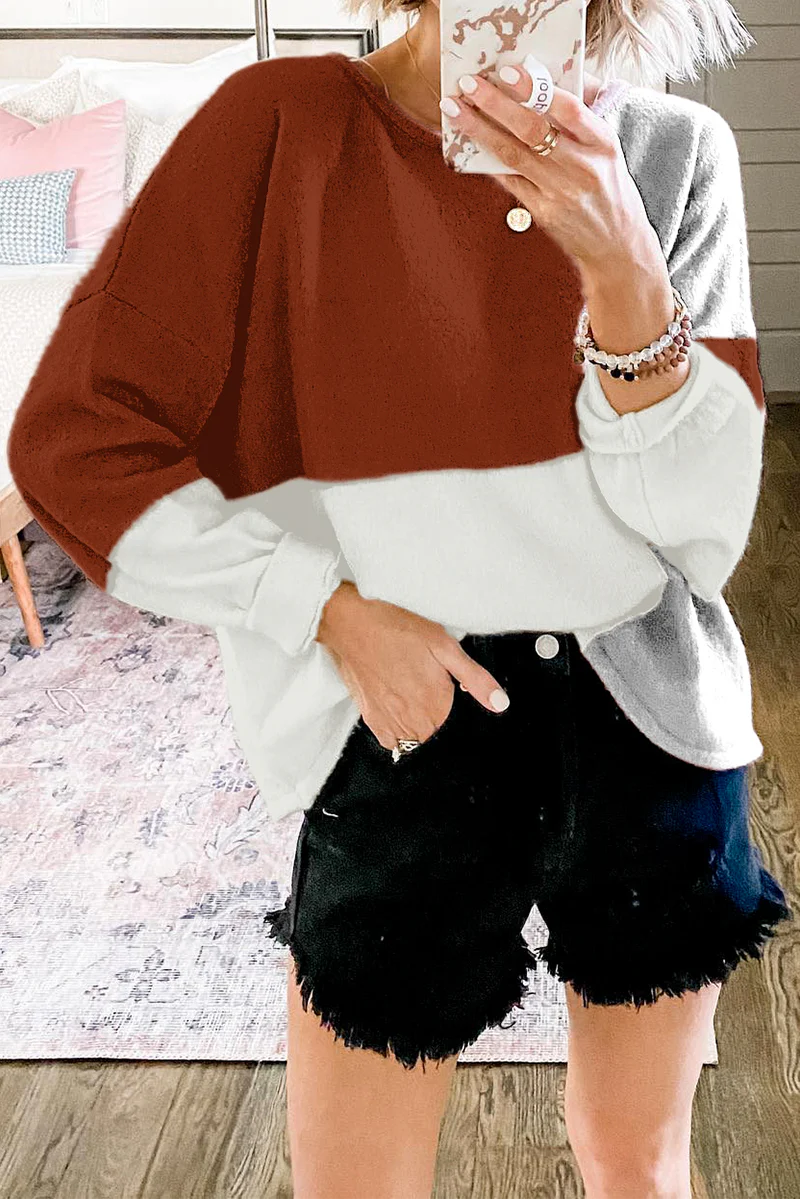 Casual Patchwork  Contrast O Neck Tops Sweater - Panekey