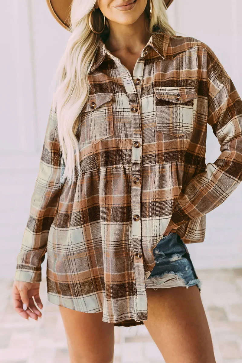 Casual Plaid Buckle Buttons Turndown Collar Blouses(5 Colors) - Panekey
