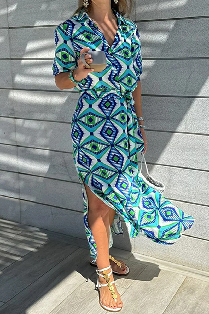 Casual Geometric Print Lace Up Slit Contrast Turndown Collar Shirt Dresses - Panekey